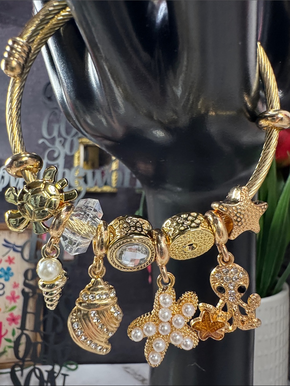 Gold Sea Charm Bracelet with Pearls and Crystals
